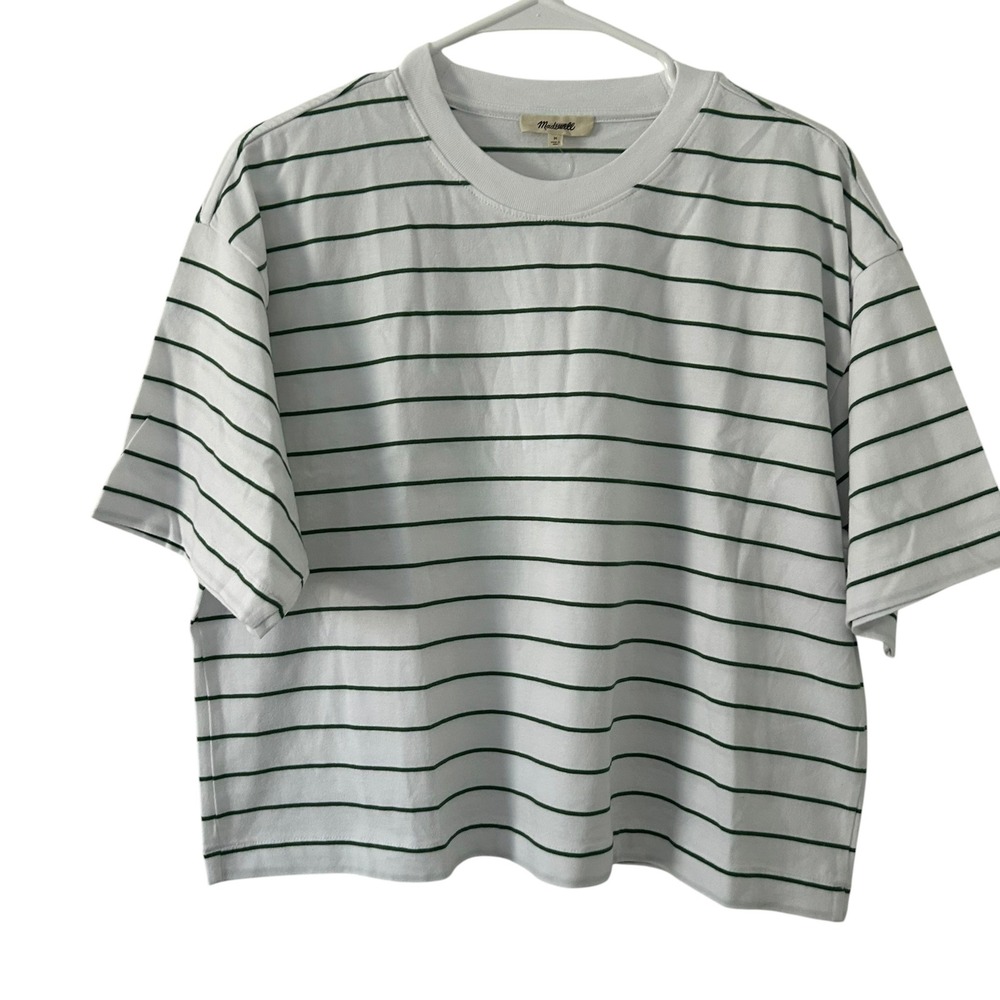 Madewell Women's Green Stripe Boxy Crop Tee Allday Jersey Cotton M Medium New - Picture 2 of 9